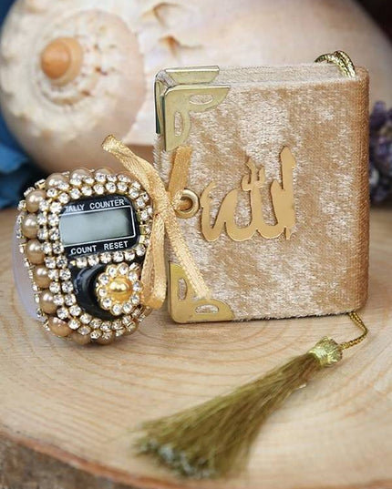 Mini Koran Cadeau & Luxe Tasbih met Kristallen - Goud